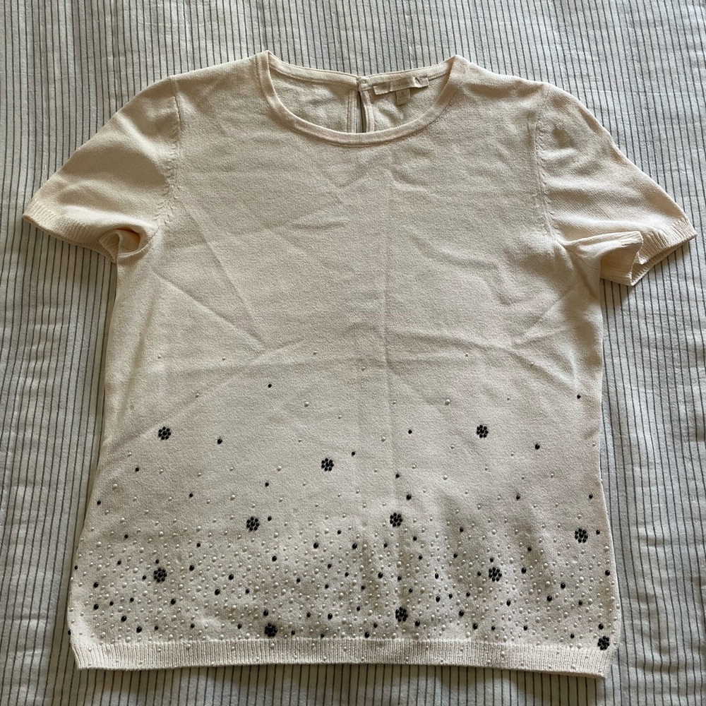 St. John Collection Cream Top with beaded Black Floral Accents